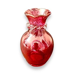 MCM Glass Cranberry Pilgrim Vase VTG with Rigaree Collar Blown Glass Ruffled